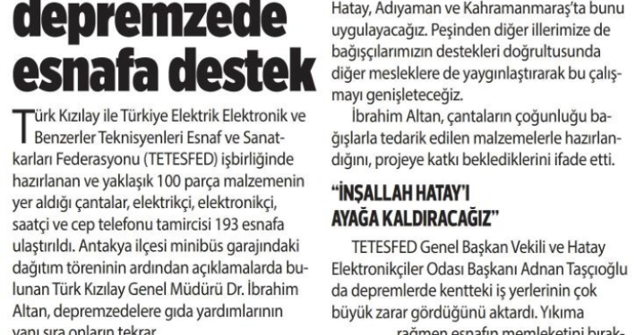 TETESFED ve Kızılay’dan Depremzede Esnafa Destek